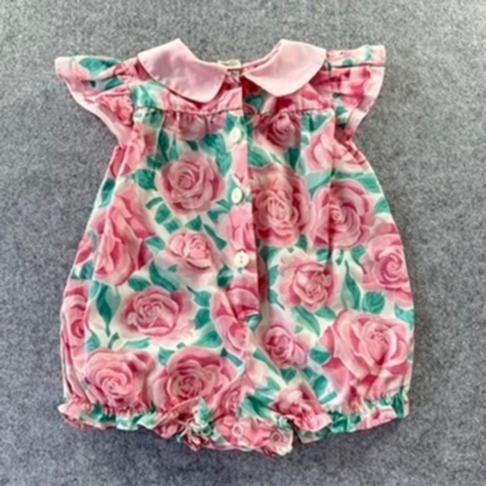 Vintage 12M Baby Girl Floral Rose Bubble‎ Romper Pink Peter Pan Collar